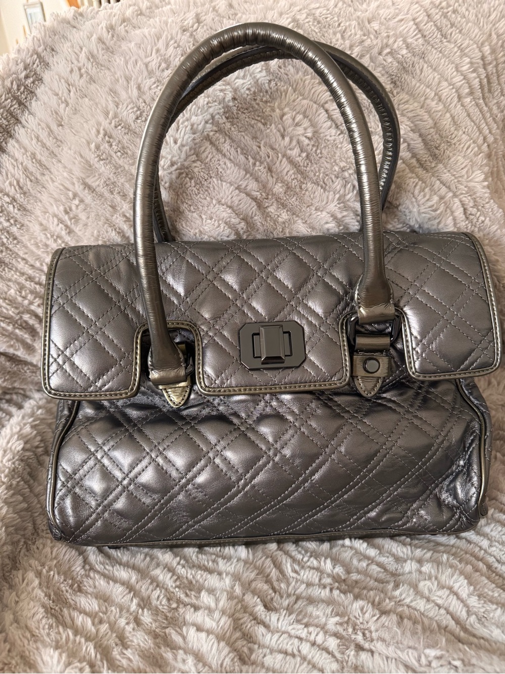 FLAWLESS and Unique Quilted Metallic Gray Leather Satchel Shoulder Bag